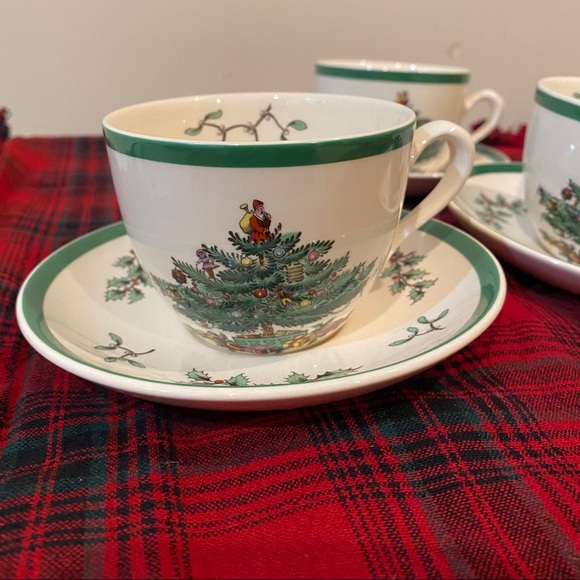 3 SPODE Christmas Tree Teacups Plates ENGLAND